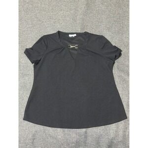 Nel + Lo Women's 2X Blouse Black Short Sleeve Gold Hardware Keyhole Neck